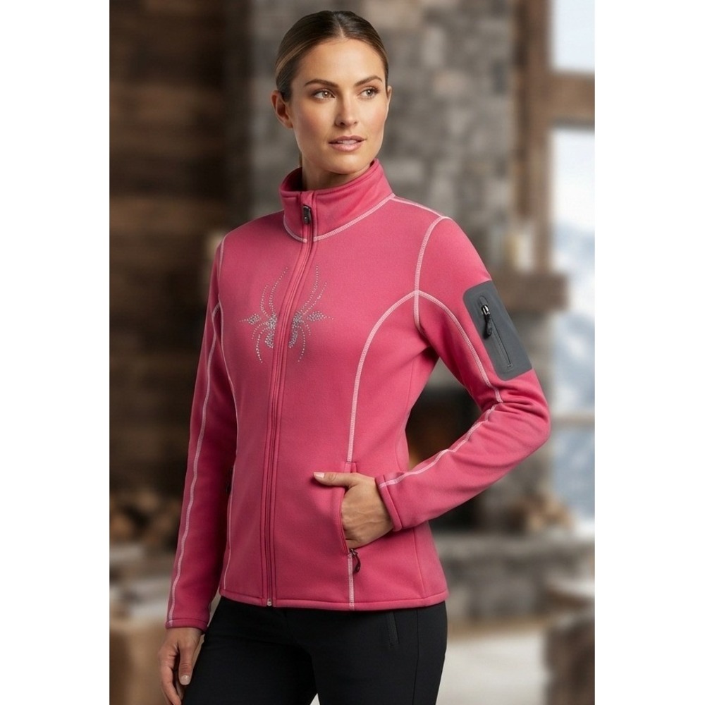 Spyder Polartec Fleece Jacket Women's L Pink Recycled Athletic Rhinestone Spider